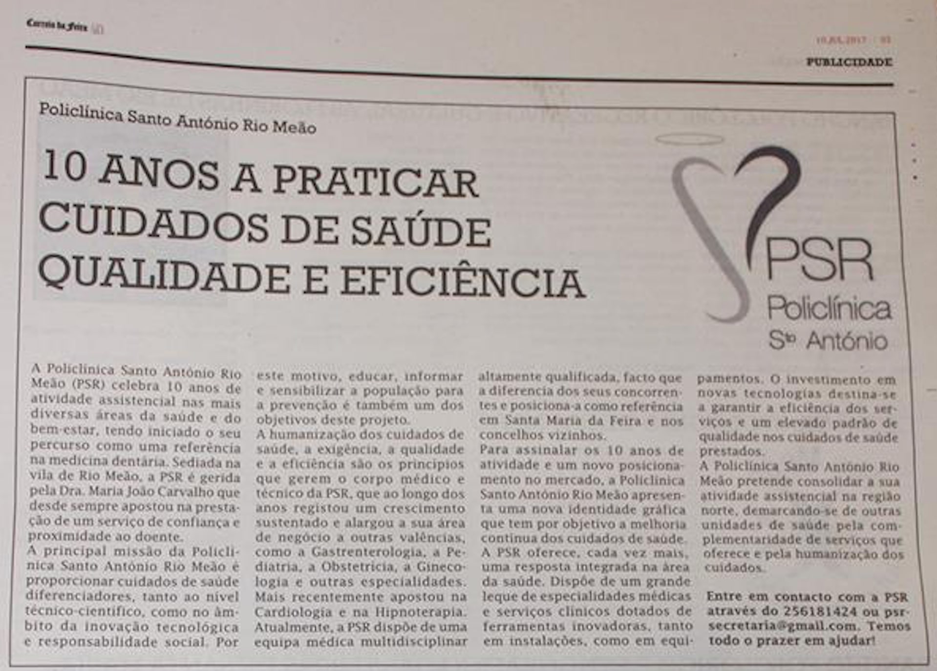 Policlínica Santo António no Jornal Correio da Feira, 10 Julho 2017